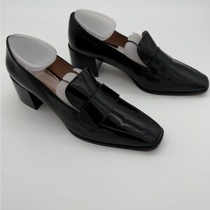 Linea Paolo Black Leather Block Heel Loafer Pumps Square Toe Penny Loafers W 9
